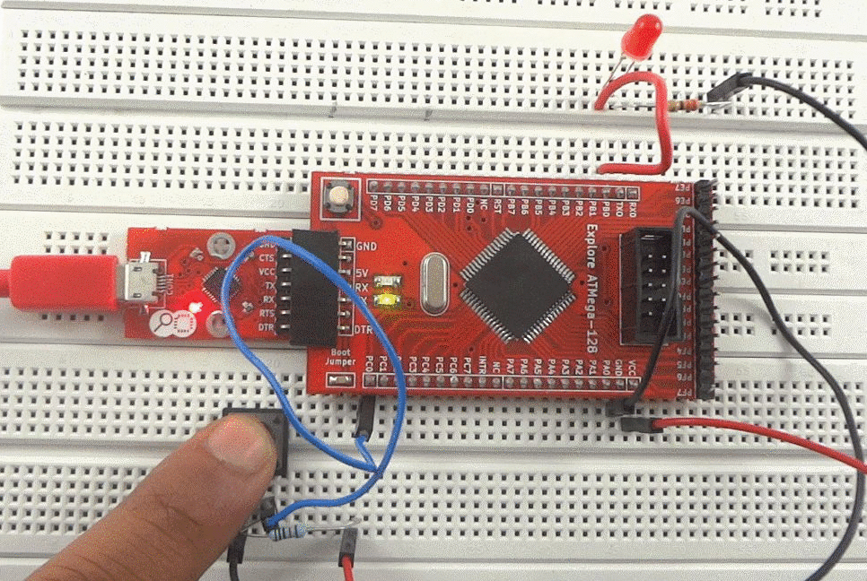 0Switch and a LED with Atmega128 Breakout.gif